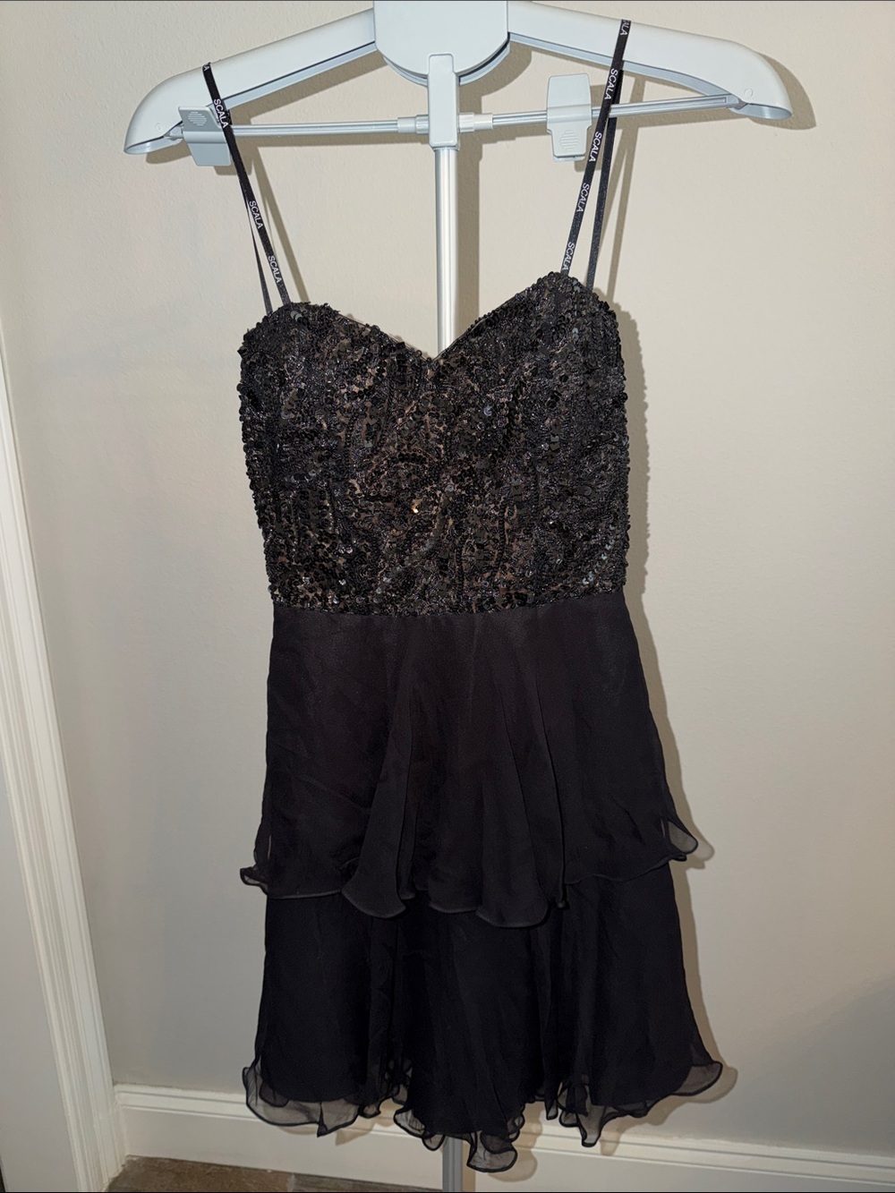 Scala Black Beaded Strapless Mini Dress with Layered Silk Skirt
